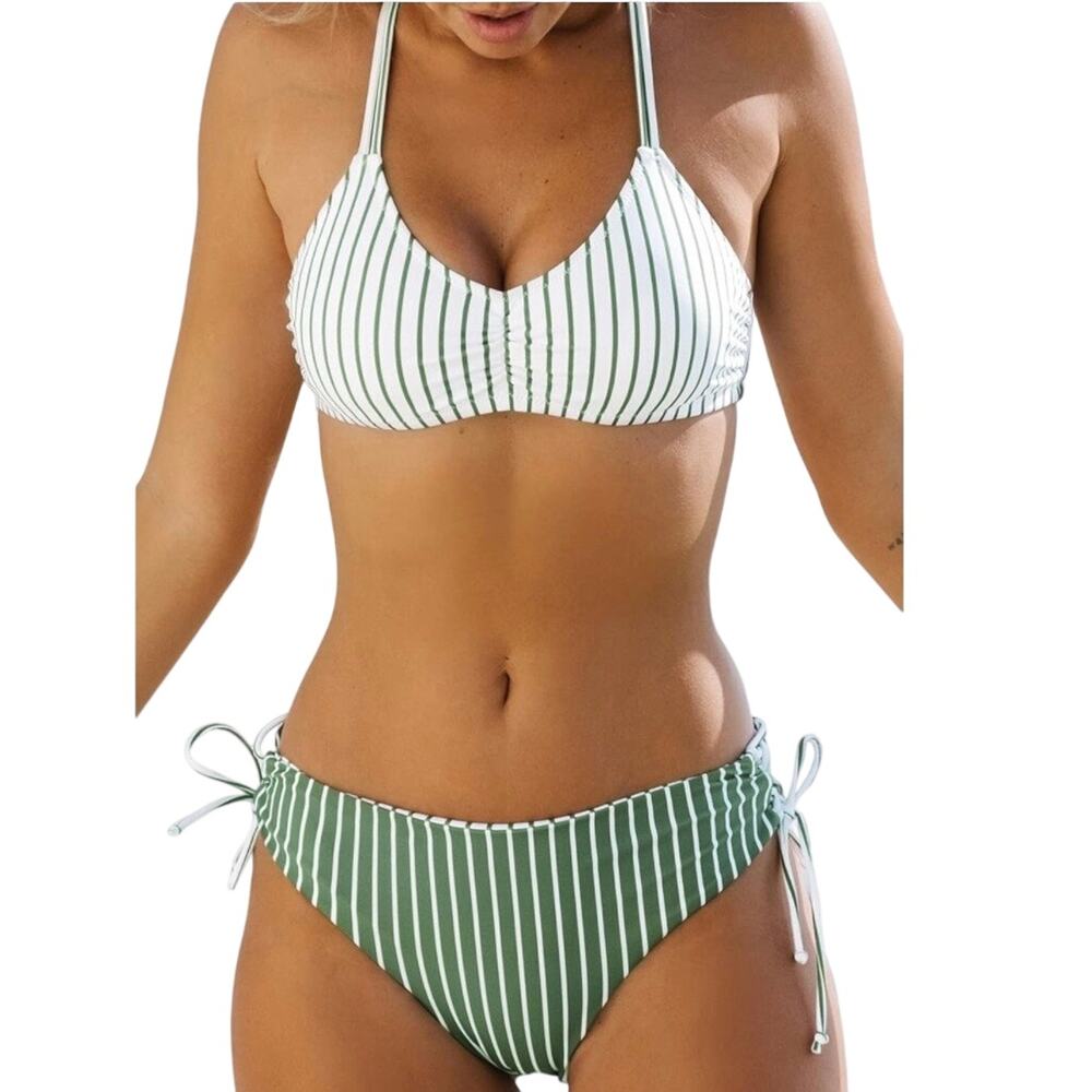 Women Bikini Swimsuit Green White Stripe Reversible Cross Back Size M NWT